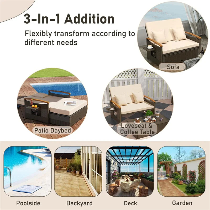 Patio Rattan Daybed with Adjustable Backrest, 2-Person Outdoor Wicker Loveseat with Storage Ottoman - Product image 9