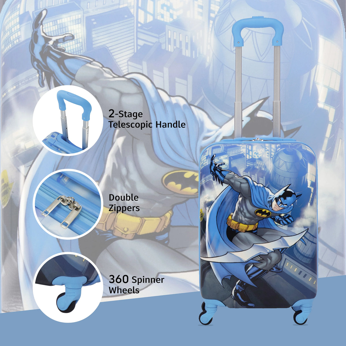 DC Comics Batman 21 in Kids Rolling Luggage, Hardshell Carry on Suitcase with Wheels, Blue - Product image 3