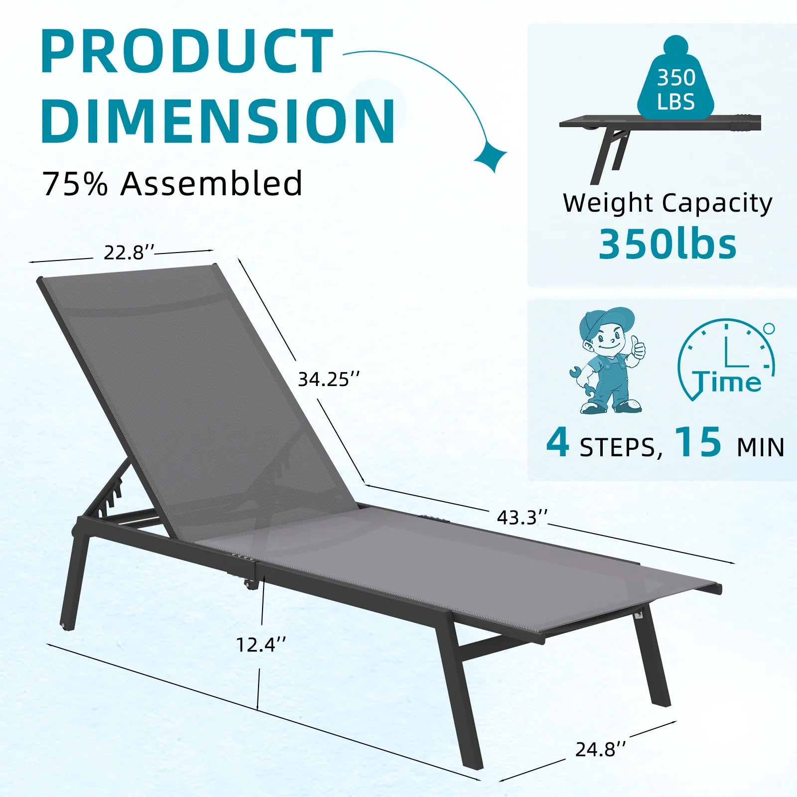 AECOJOY Patio Lounge Chairs, Outdoor Chaise Lounge with Wheels, Dark Grey - Product image 3