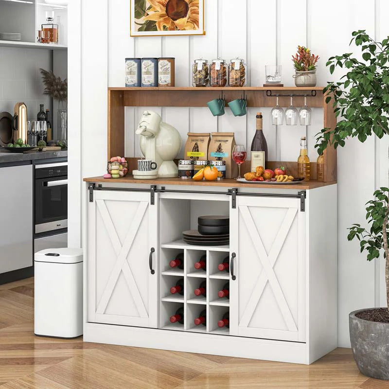 Farmhouse Coffee Bar Cabinet with Charging Station, 2 Sliding Barn Doors, 9-Bottle Wine Rack & Glass Holder - Product image 4