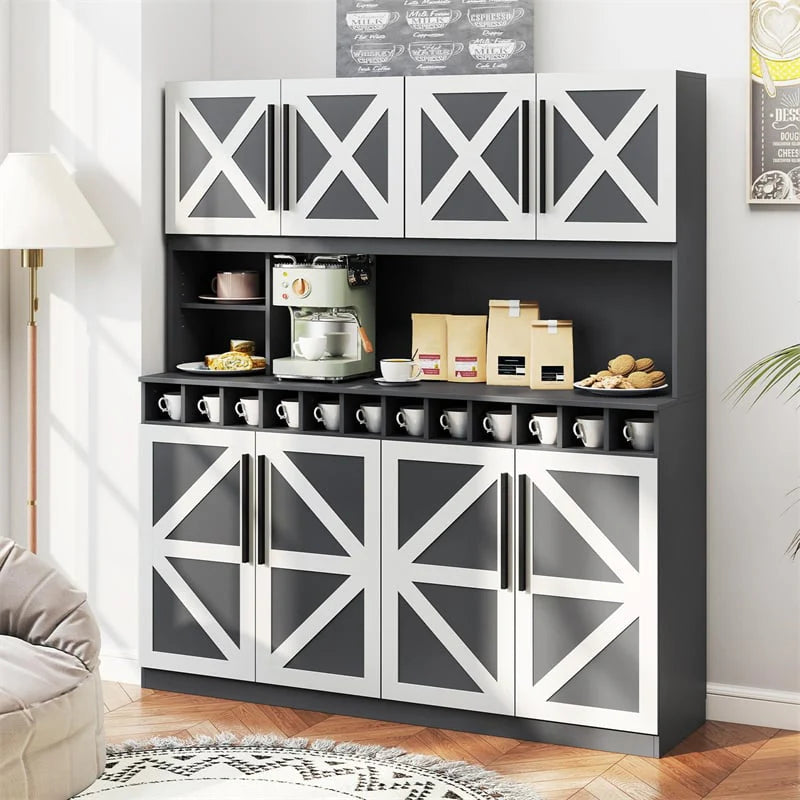 70" Farmhouse Pantry Cabinet, Kitchen Buffet Hutch with 12-Bottle Wine Rack, 8-Door Storage Cupboard - Product image 3
