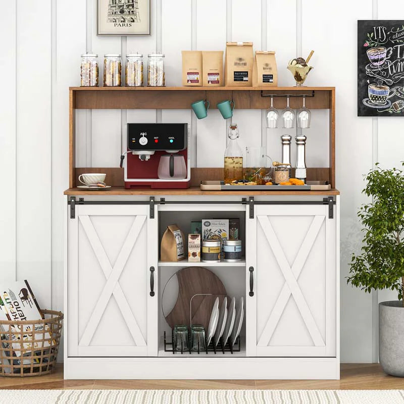 Farmhouse Coffee Bar Cabinet with Charging Station, 2 Sliding Barn Doors, 9-Bottle Wine Rack & Glass Holder - Product image 3