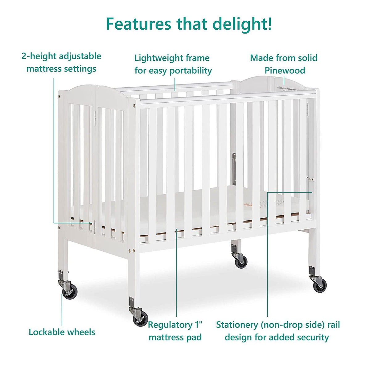 Dream on Me 2 - in - 1 Folding Portable Mini Crib in White. Mattress Pad Included - Product image 5
