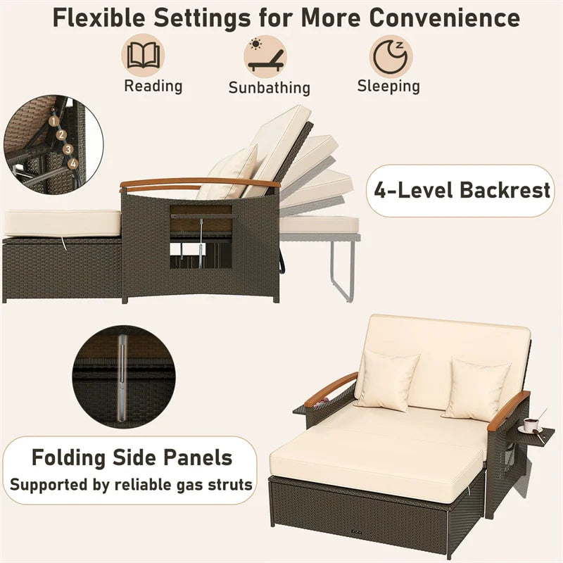 Patio Rattan Daybed with Adjustable Backrest, 2-Person Outdoor Wicker Loveseat with Storage Ottoman - Product image 8