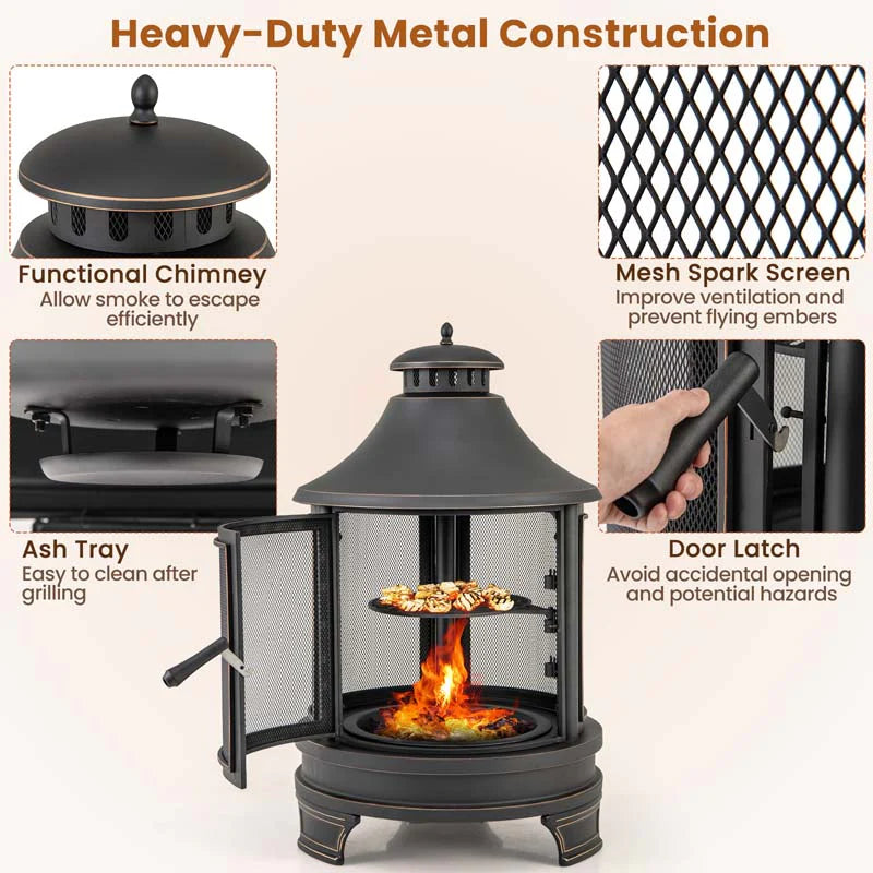 30" 2-in-1 Metal Chiminea Fire Pit with Adjustable Grill & Chimney - Product image 8